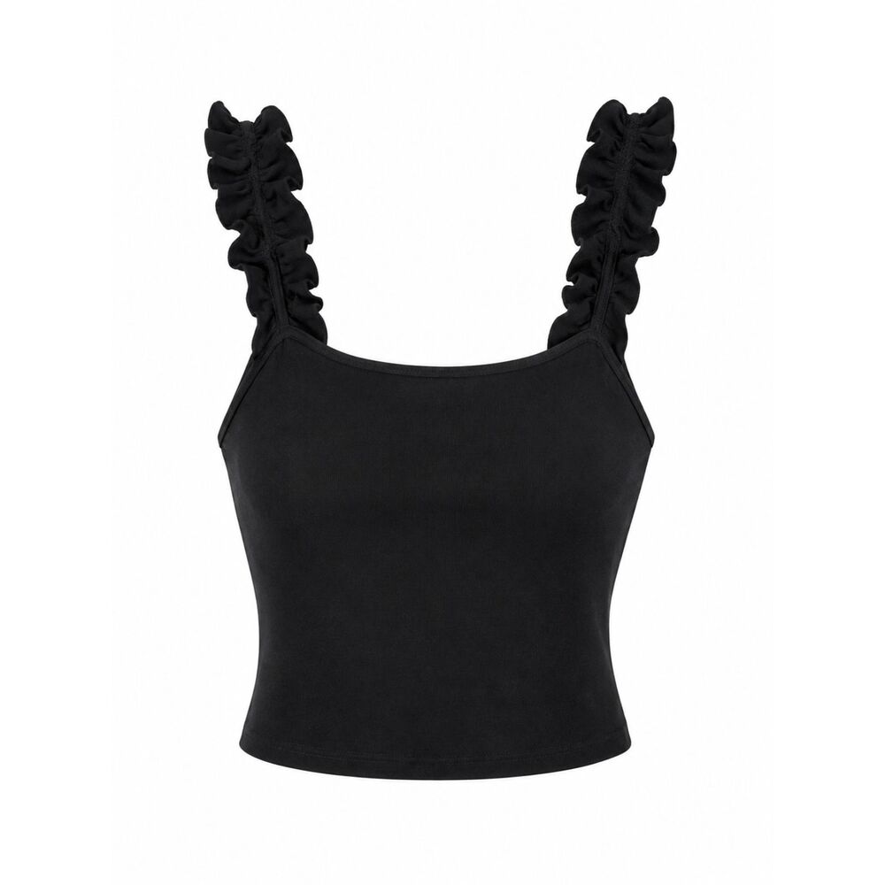 Clozoz Black Ruffle Strap Crop Tank Top Women's Small Sleeveless